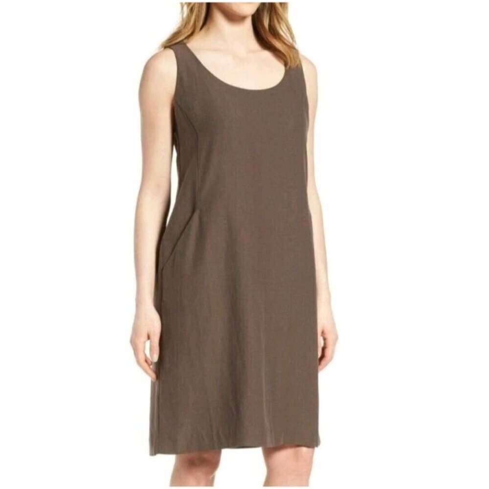 Eileen Fisher Linen Tencel Sleeveless Brown Drapey Scoop Shift Dress S Small